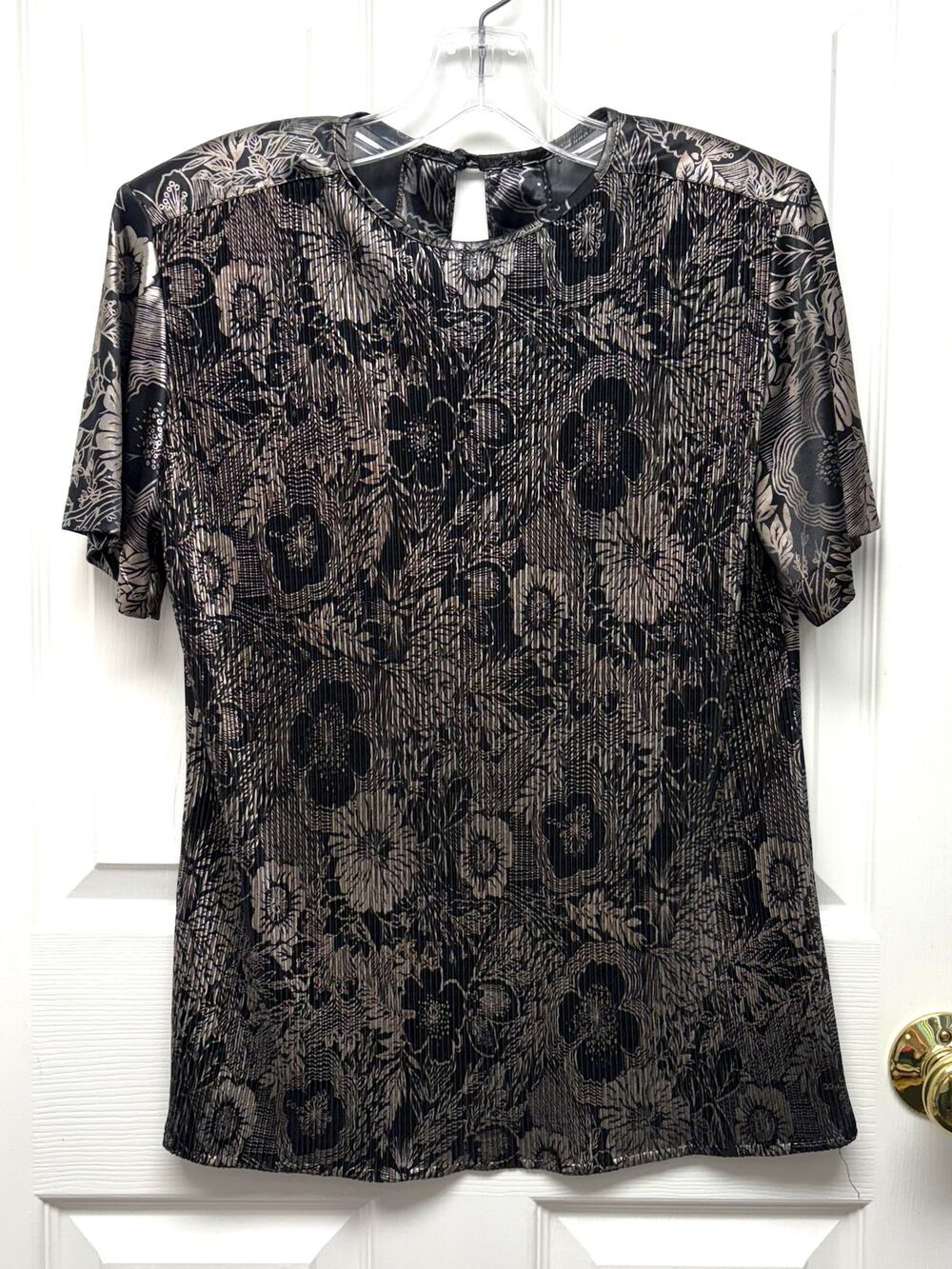 Notations Blouse Vintage Floral Textured Shimmer Size M Crew Neck Sheer Back